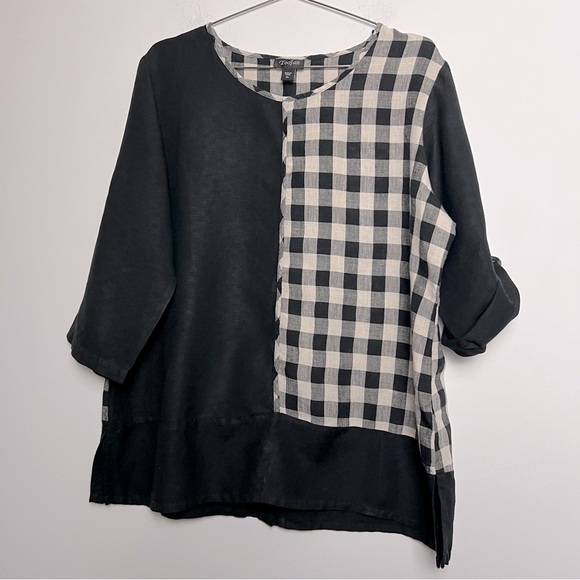Toofan 100% Linen Black and Natural Checkered Block Print Lagenlook Artsy Top - Picture 1 of 11